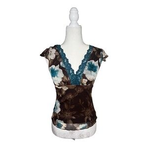 Vintage Y2K Sheer Floral Lace-Trim Top with flutter sleeve <3